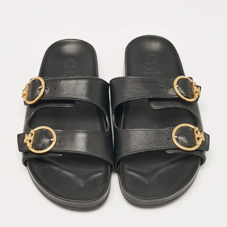 Pre Owned Tory Burch Black Leather Slides Size 38