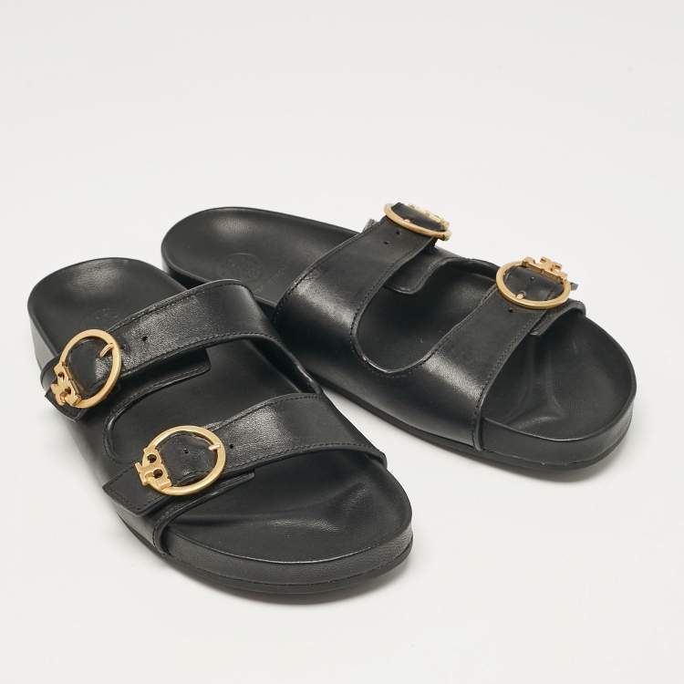 Pre Owned Tory Burch Black Leather Slides Size 38