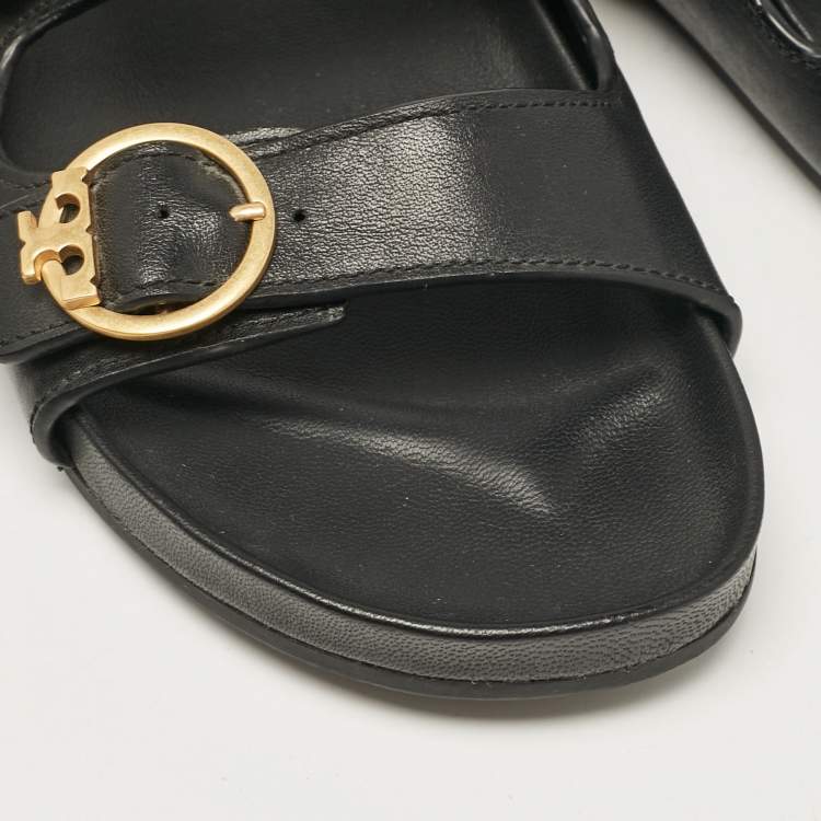 Pre Owned Tory Burch Black Leather Slides Size 38