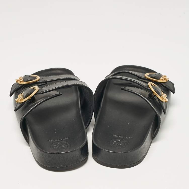 Pre Owned Tory Burch Black Leather Slides Size 38