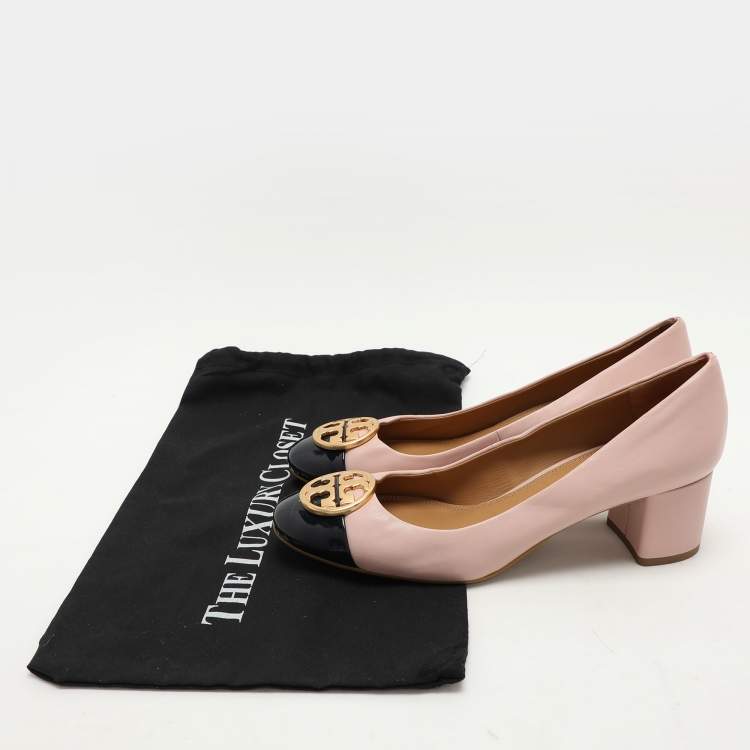 Pre Owned Tory Burch Pink Leather Patent Leather Chelsea Block Heel Pumps 40
