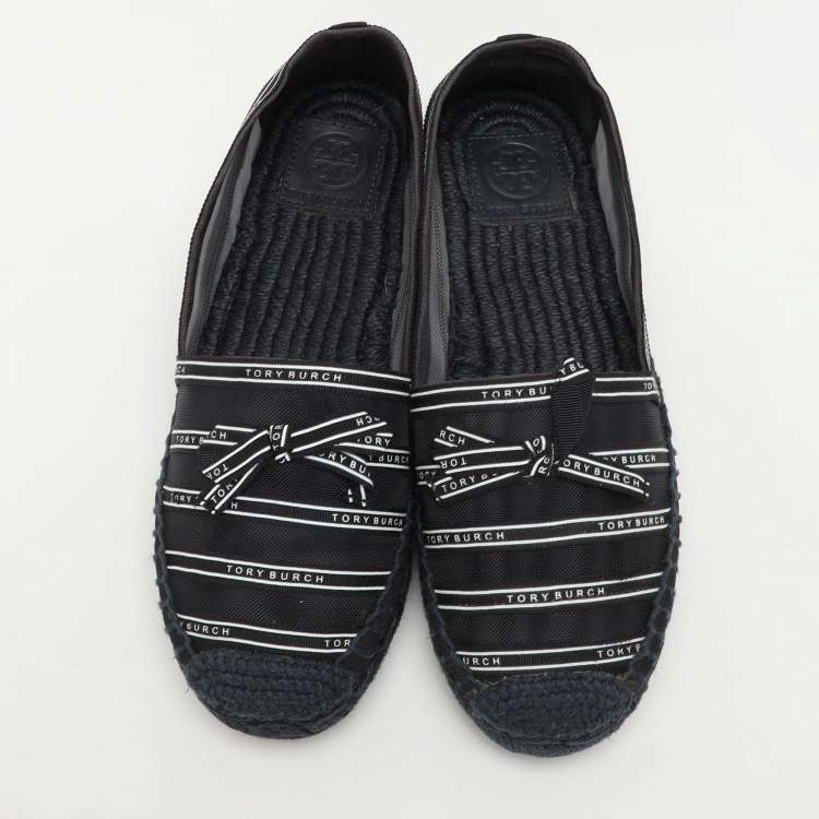 Pre Owned Tory Burch Navy Blue Mesh Platform Espadrilles 37.5