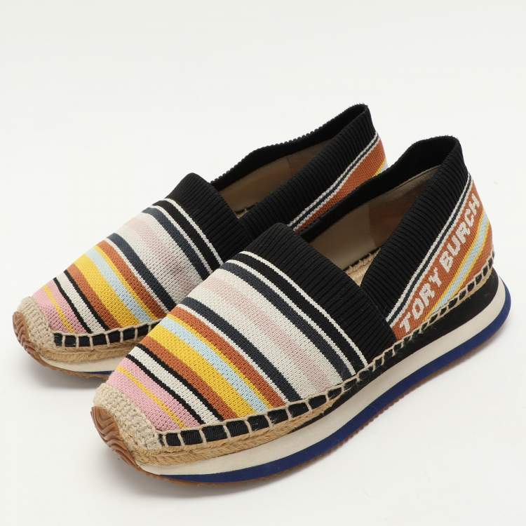 Pre Owned Tory Burch Multicolor Stretch Fabric Daisy Logo Espadrille Slip On Sneakers 37