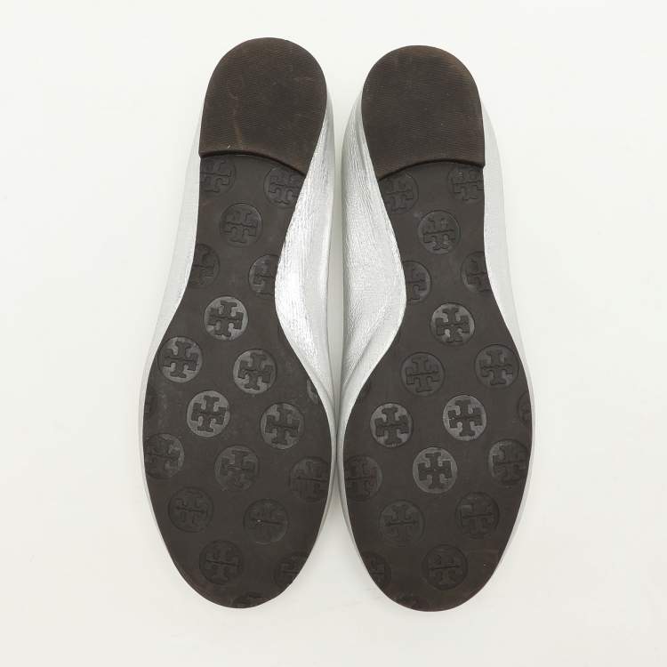 Pre Owned Tory Burch Silver Leather Minnie Ballet Flats 37.5