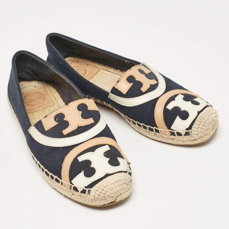 Pre Owned Tory Burch Navy Blue Canvas Poppy Espadrille Flats Size 36