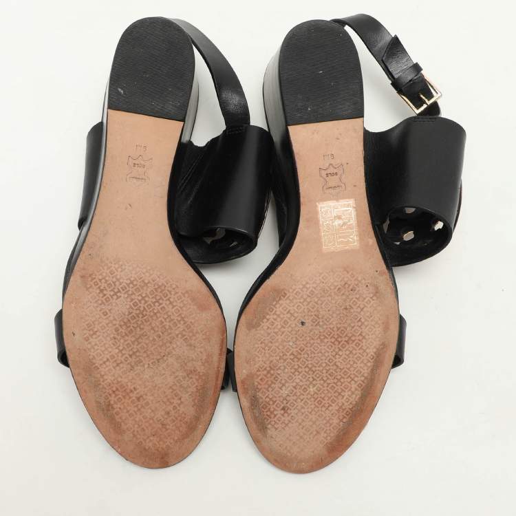 Pre Owned Tory Burch Black Leather Metal Miller Slingback Wedge Sandals Size 39