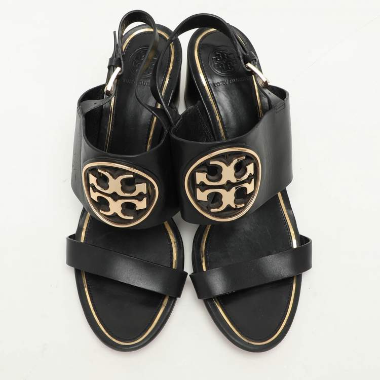 Pre Owned Tory Burch Black Leather Metal Miller Slingback Wedge Sandals Size 39