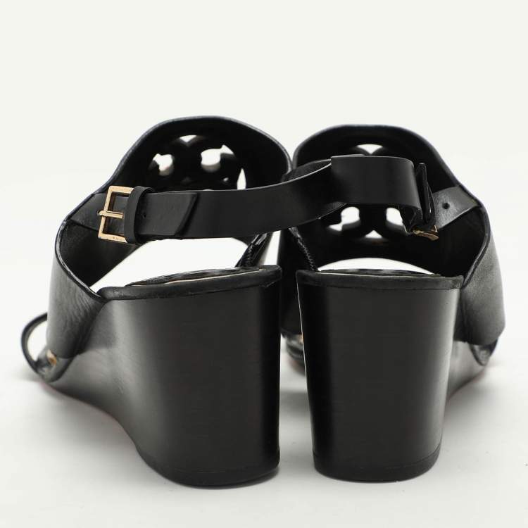 Pre Owned Tory Burch Black Leather Metal Miller Slingback Wedge Sandals Size 39