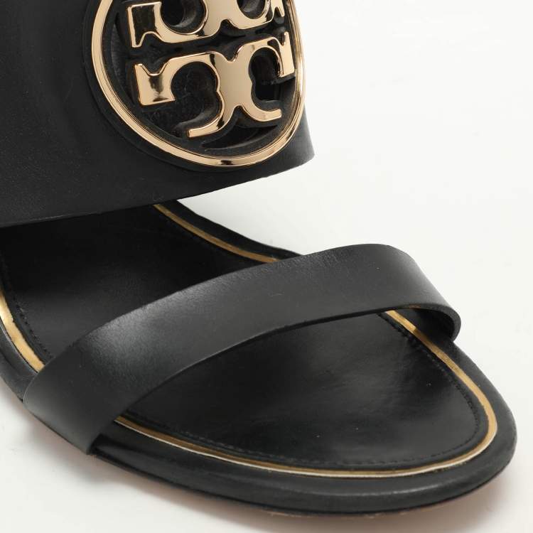 Pre Owned Tory Burch Black Leather Metal Miller Slingback Wedge Sandals Size 39