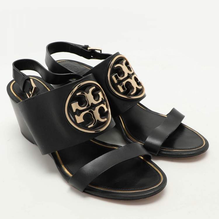 Pre Owned Tory Burch Black Leather Metal Miller Slingback Wedge Sandals Size 39