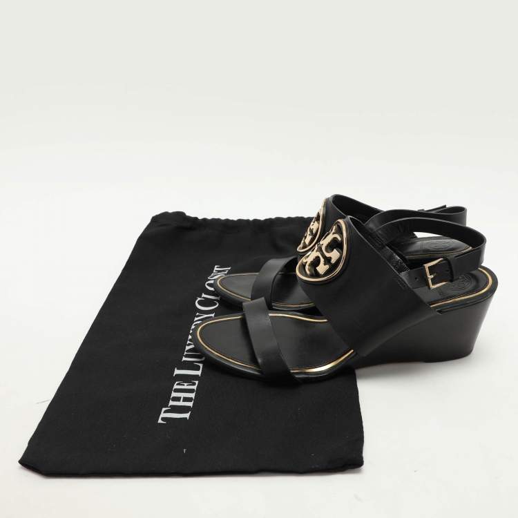 Pre Owned Tory Burch Black Leather Metal Miller Slingback Wedge Sandals Size 39
