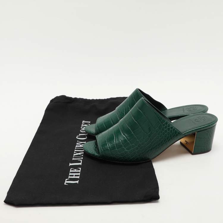 Pre Owned Tory Burch Green Croc Embossed Leather Martine Slide Sandals Size 39
