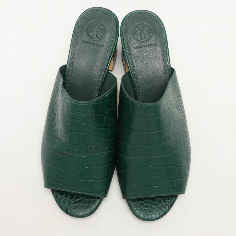 Pre Owned Tory Burch Green Croc Embossed Leather Martine Slide Sandals Size 39