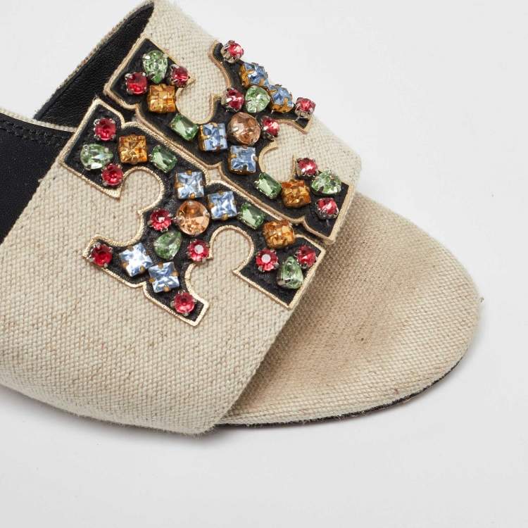 Pre Owned Tory Burch Off White Canvas Ines Slide Sandals Size 40