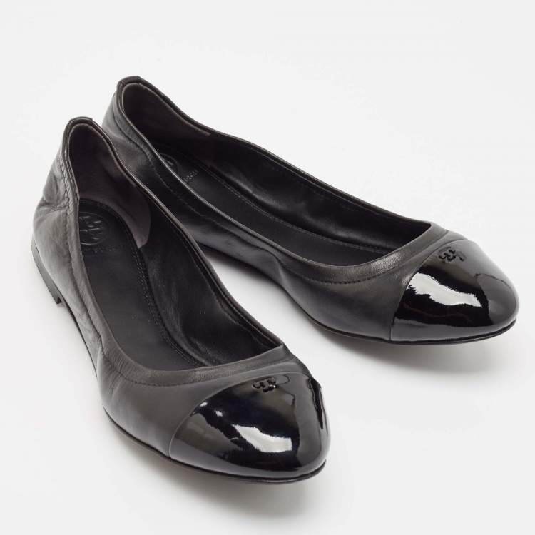 Pre Owned Tory Burch Black Patent and Leather Shelby Ballet Flats Size 38.5