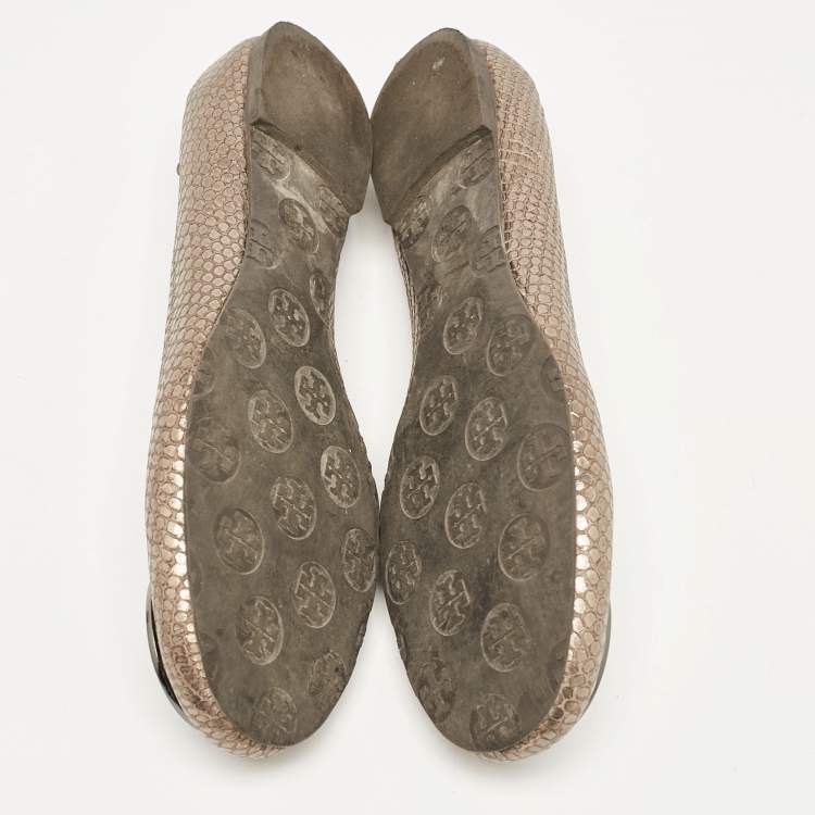 Pre Owned Tory Burch Metallic Snakeskin Embossed Leather Minnie Ballet Flats Size 39.5