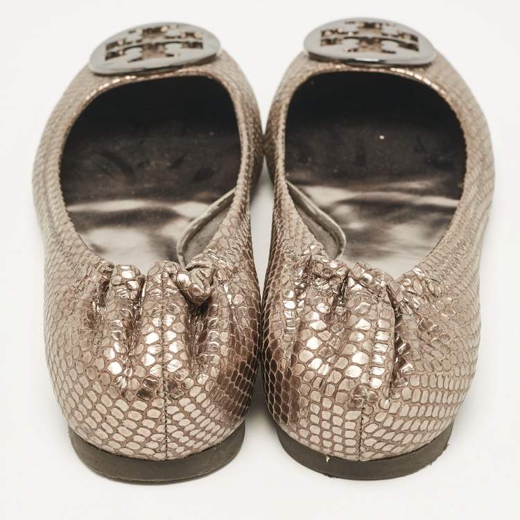 Pre Owned Tory Burch Metallic Snakeskin Embossed Leather Minnie Ballet Flats Size 39.5