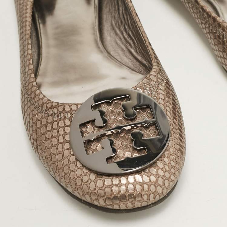 Pre Owned Tory Burch Metallic Snakeskin Embossed Leather Minnie Ballet Flats Size 39.5