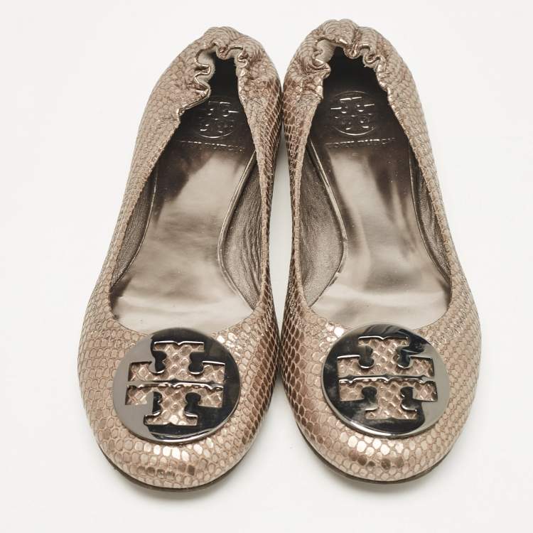 Pre Owned Tory Burch Metallic Snakeskin Embossed Leather Minnie Ballet Flats Size 39.5