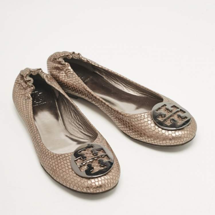 Pre Owned Tory Burch Metallic Snakeskin Embossed Leather Minnie Ballet Flats Size 39.5