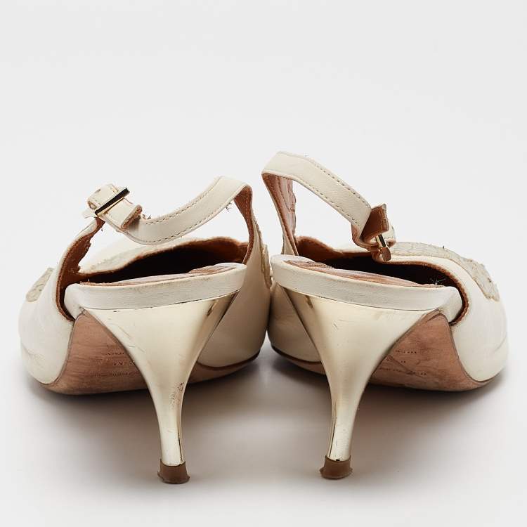 Pre Owned Tory Burch Cream Leather and Embossed Snakeskin Slingback Pumps Size 39