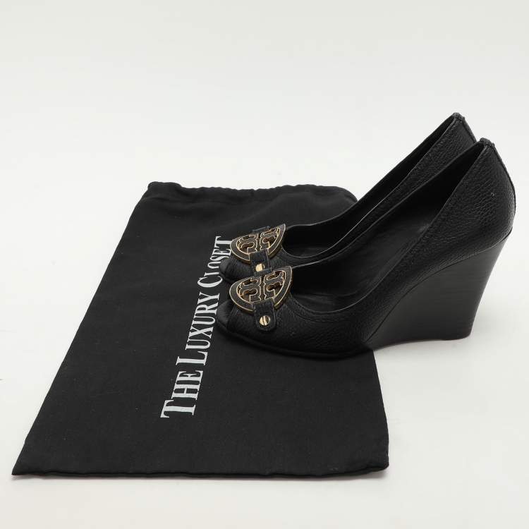 Pre Owned Tory Burch Black Leather Leticia Wedge Pumps Size 37