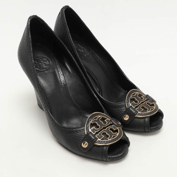 Pre Owned Tory Burch Black Leather Leticia Wedge Pumps Size 37