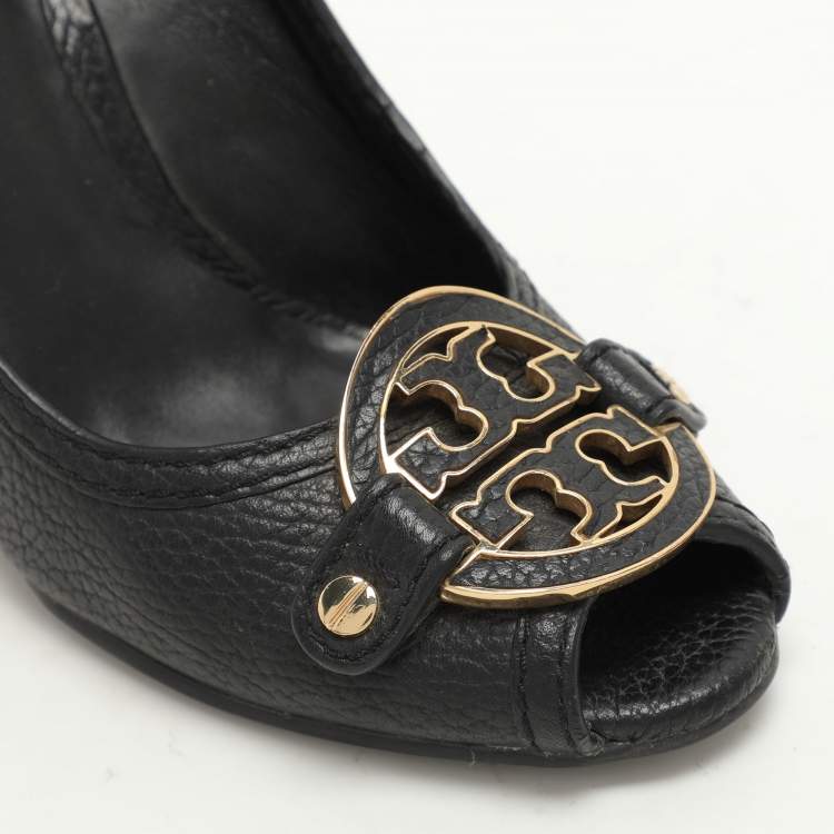 Pre Owned Tory Burch Black Leather Leticia Wedge Pumps Size 37