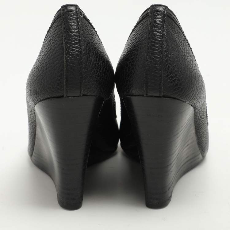 Pre Owned Tory Burch Black Leather Leticia Wedge Pumps Size 37