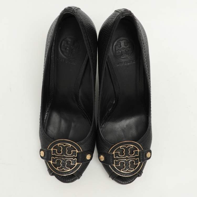 Pre Owned Tory Burch Black Leather Leticia Wedge Pumps Size 37