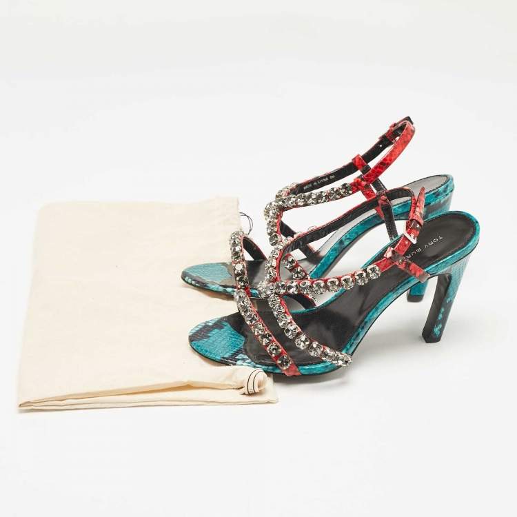 Pre Owned Tory Burch Multicolor Snakeskin Embossed Leather Crystal Embellished Sandals Size 38