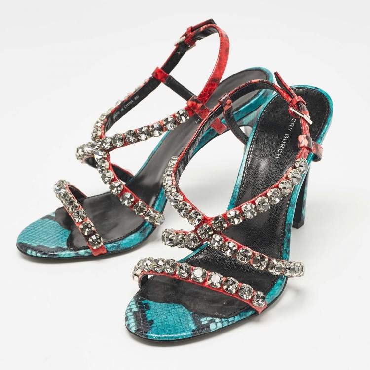 Pre Owned Tory Burch Multicolor Snakeskin Embossed Leather Crystal Embellished Sandals Size 38