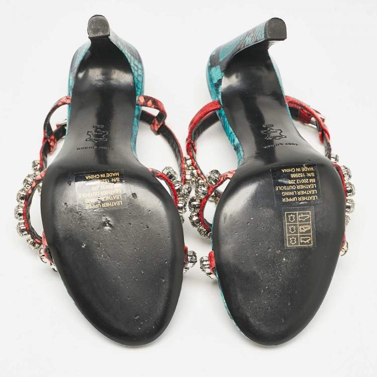 Pre Owned Tory Burch Multicolor Snakeskin Embossed Leather Crystal Embellished Sandals Size 38