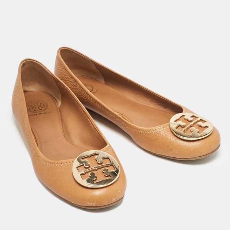 Pre Owned Tory Burch Brown Leather Reva Ballet Flats Size 39.5