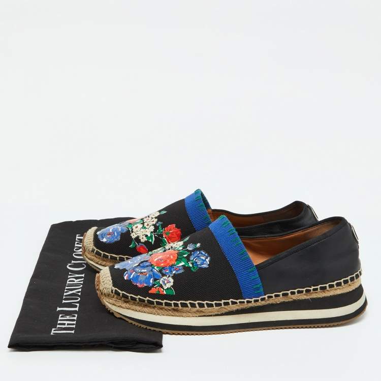 Pre Owned Tory Burch Black/Blue Leather and Knit Fabric Floral Print Espadrille Flats Size 39.5