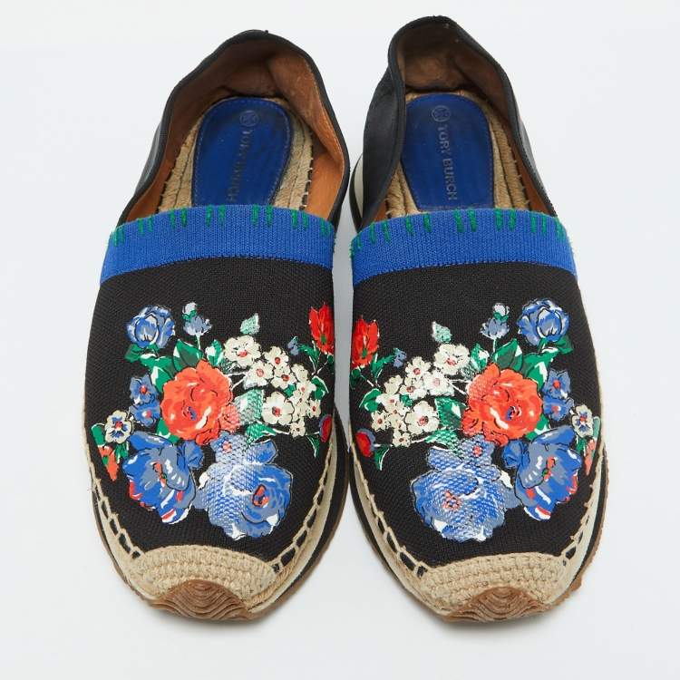Pre Owned Tory Burch Black/Blue Leather and Knit Fabric Floral Print Espadrille Flats Size 39.5