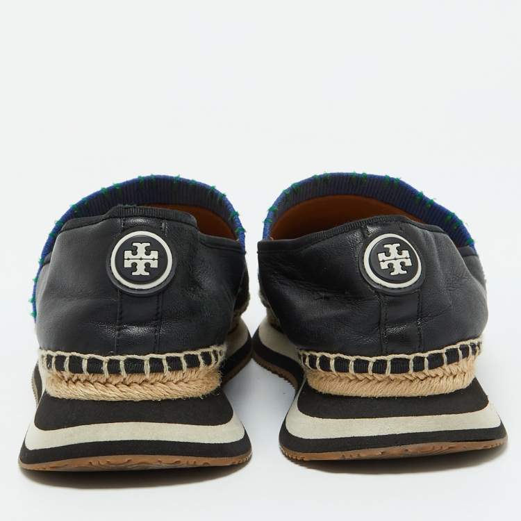 Pre Owned Tory Burch Black/Blue Leather and Knit Fabric Floral Print Espadrille Flats Size 39.5