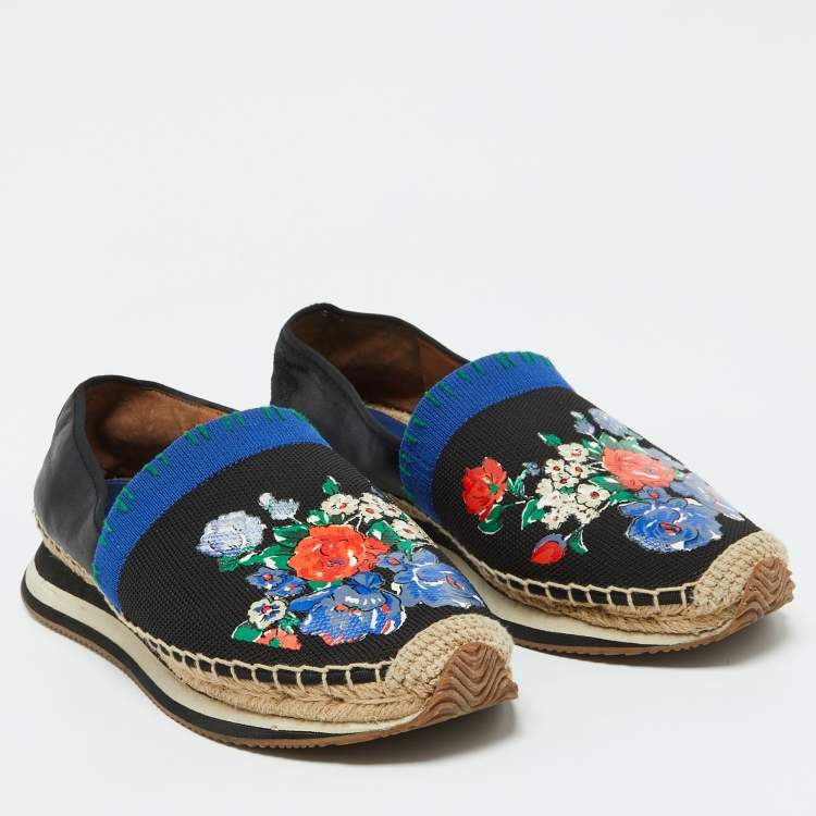 Pre Owned Tory Burch Black/Blue Leather and Knit Fabric Floral Print Espadrille Flats Size 39.5