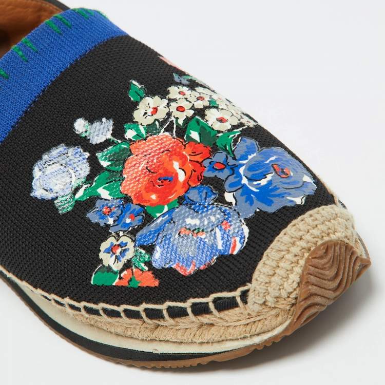 Pre Owned Tory Burch Black/Blue Leather and Knit Fabric Floral Print Espadrille Flats Size 39.5