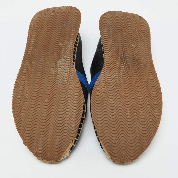 Pre Owned Tory Burch Black/Blue Leather and Knit Fabric Floral Print Espadrille Flats Size 39.5
