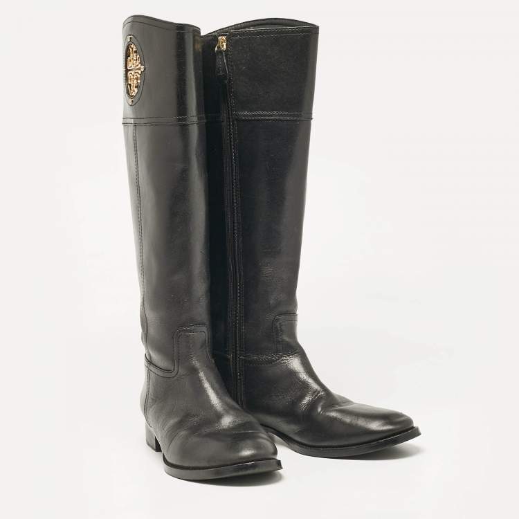 Pre Owned Tory Burch Black Leather Knee Length Boots Size 39.5