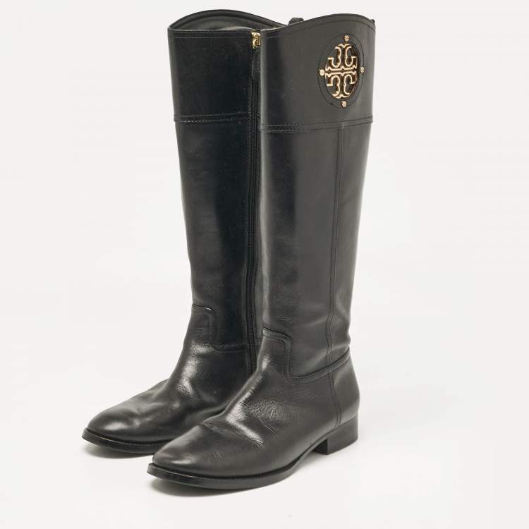 Pre Owned Tory Burch Black Leather Knee Length Boots Size 39.5