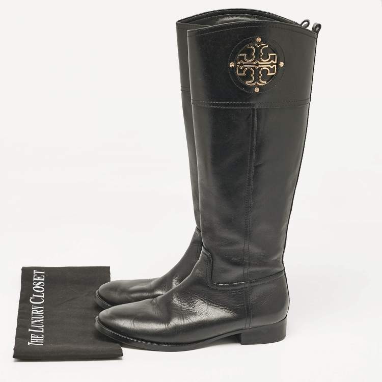 Pre Owned Tory Burch Black Leather Knee Length Boots Size 39.5