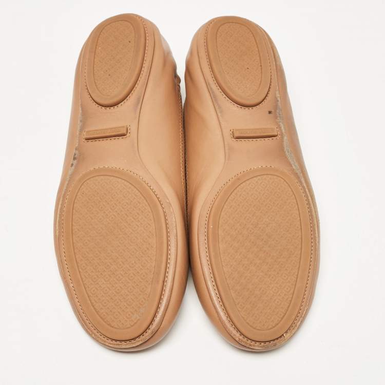 مملوكة مسبقًا Tory Burch Brown Leather Minnie Travel Ballet Flats Size 39.5