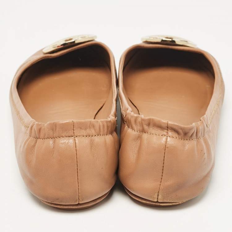 مملوكة مسبقًا Tory Burch Brown Leather Minnie Travel Ballet Flats Size 39.5