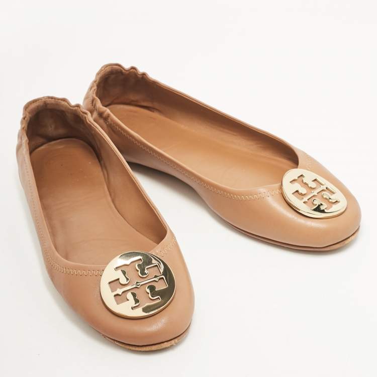 مملوكة مسبقًا Tory Burch Brown Leather Minnie Travel Ballet Flats Size 39.5