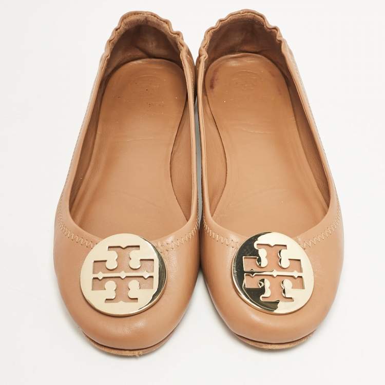 مملوكة مسبقًا Tory Burch Brown Leather Minnie Travel Ballet Flats Size 39.5