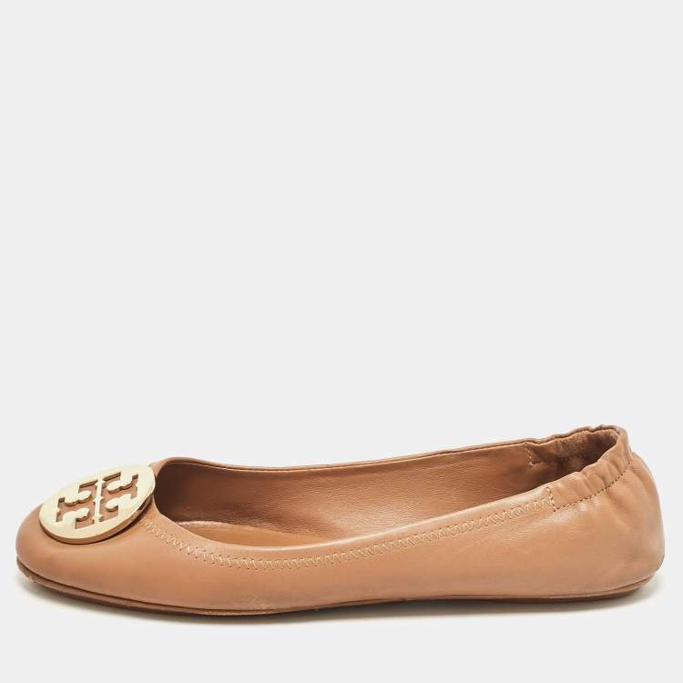 مملوكة مسبقًا Tory Burch Brown Leather Minnie Travel Ballet Flats Size 39.5
