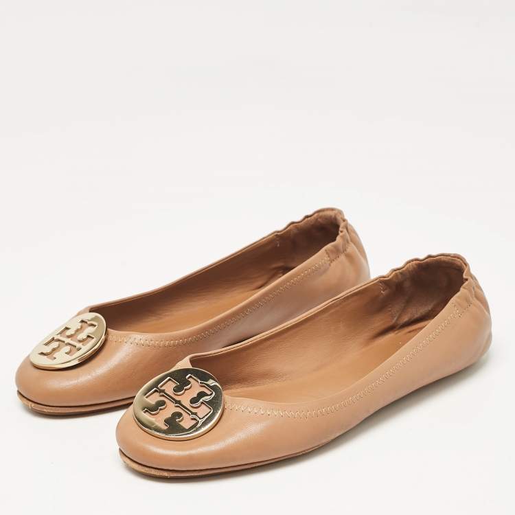 مملوكة مسبقًا Tory Burch Brown Leather Minnie Travel Ballet Flats Size 39.5