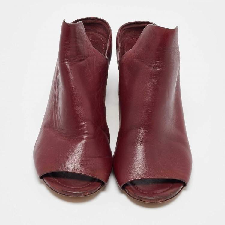 Pre Owned Tory Burch Burgundy Leather Block Heel Mules Size 37.5